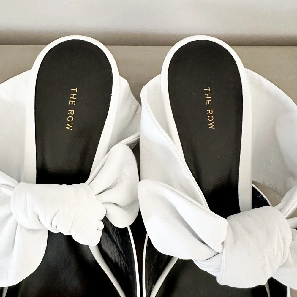 The Row White Leather Coco Bow Kitten Heel Mules sz 40